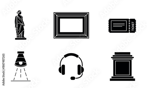 A professional collection of black glyph icons representing museum exhibition elements like a classical statue, picture frame, entrance ticket, and audio guide for cultural and