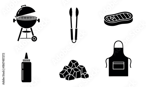 Essential barbecue grilling equipment and food items featuring a grill, meat, tongs, apron, sauce, and charcoal, ideal for outdoor cooking events and culinary promotions
