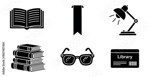 Essential collection of library and literacy themed glyphs featuring an open book, stacked books, bookmark, desk lamp, eyeglasses, and a library access card for learning resources.