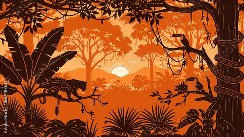 Serene jungle landscape with trees, plants, and birds at sunset, viewed from a forest clearing