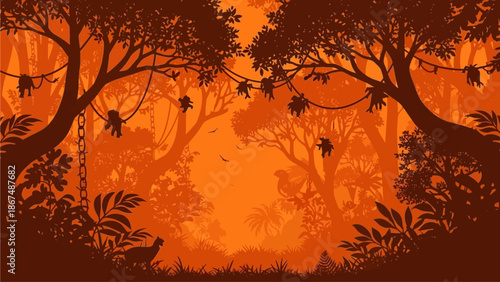 A vibrant jungle landscape with silhouetted trees and foliage at dusk from a low viewpoint