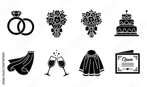 Set of elegant wedding celebration elements featuring engagement rings, floral bouquets, tiered cake, and champagne toast for bridal designs and event planning.