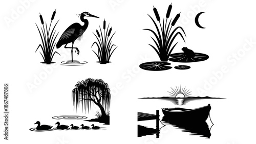 A serene lake scene at dusk with a heron standing tall beside reeds and a boat moored nearby