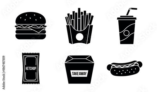 Fast food restaurant takeaway meal icons collection including hamburger, french fries, soda drink, ketchup, and hot dog for menu graphics or delivery app interfaces