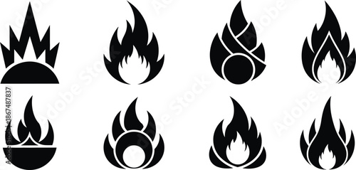 Collection of Abstract Black Fire Icons and Flame Symbols for Digital and Print Design