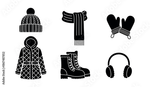 Collection of essential black silhouette winter clothing and cold weather accessories including a hat, scarf, mittens, coat, boots, and earmuffs perfect for seasonal themes and outdoor