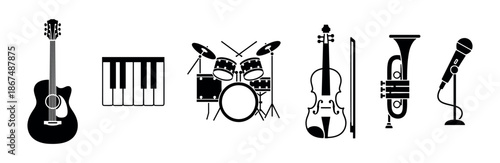 Collection of various popular musical instruments and a microphone in dark silhouettes for music education entertainment themes or graphic assets