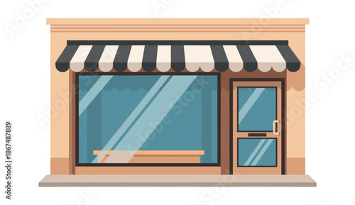 Contemporary empty storefront facade featuring a black and white striped awning and large display window, perfect for business concepts, retail shop presentations, and urban branding