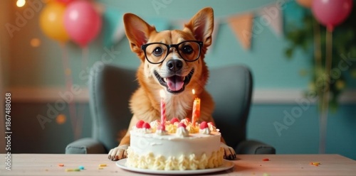 Happy dog in glasses sits on chair near birthday cake , pet photography, animal, celebration