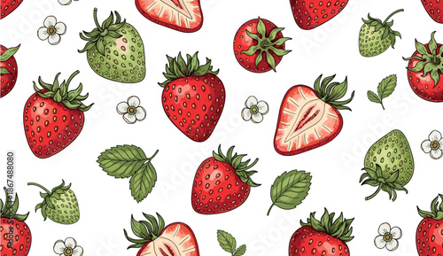 A vibrant scattering of fresh red and unripe green strawberries along with delicate white blossoms and green leaves creates a delightful food theme for packaging, textiles, or healthy