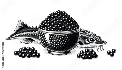 A classic black and white sturgeon fish and a luxurious bowl overflowing with rich black caviar, perfect for gourmet food packaging, restaurant menus, or sophisticated culinary publications.