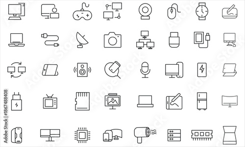 "Devices Icon Set - Mobile, Computer, Headphones, Microphone, Wireless, Printer, Smartwatch, SSD, Camera, Technology, Gadgets, Electronics vector .