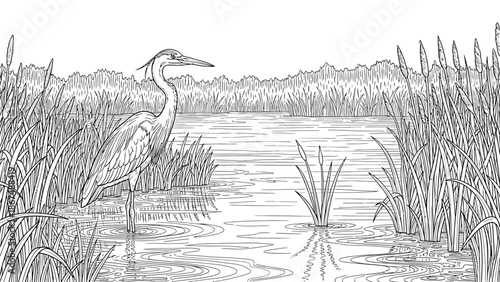 Heron stands in a serene wetland surrounded by tall reeds and calm water