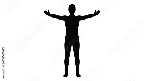 A silhouette of a person with arms outstretched against a white background