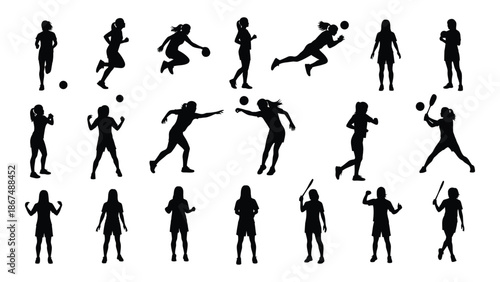 Silhouettes of people engaged in various dynamic physical activities and sports