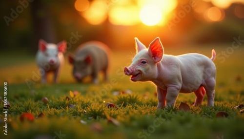 Happy piglet basking in sunset glow, other pigs grazing , piglet, field