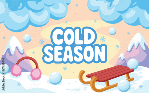 Colorful Cold Season Background featuring a Red Sled, Earmuffs and Snowballs