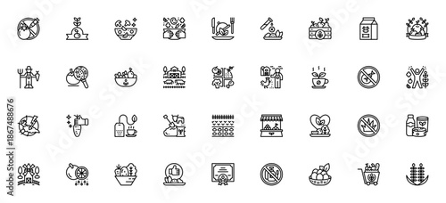 Organic Farming icon set. Minimal vector icons pack. Includes symbols for tomato, harvest, farmer, vegetables, market, pesticide, fertilizer, windmill and more. Editable stroke.
