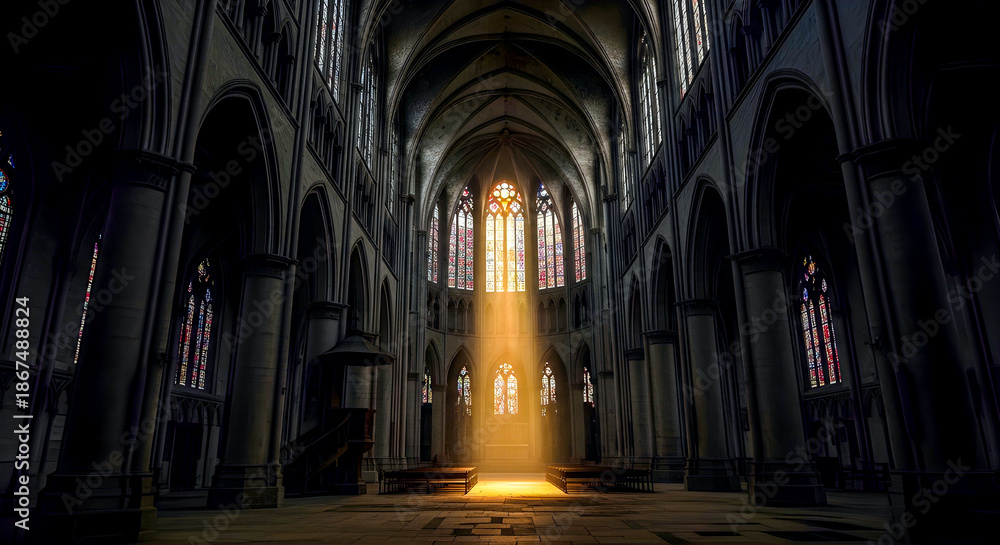 Obraz premium Sunlit Cathedral Interior With Gothic Arches And Stained Glass Window Light