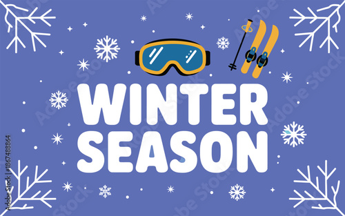 Winter Season Background with Ski Goggles and Skis on Blue Snowing Backdrop
