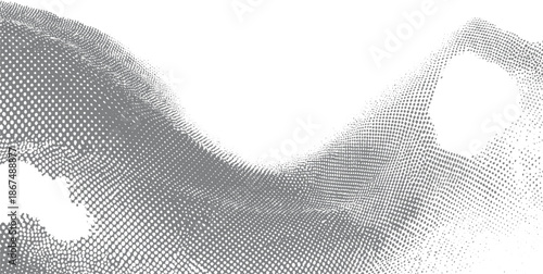Abstract gray halftone dots forming a wavy texture on white background pattern