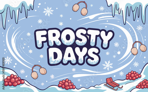 Frosty Days Illustration with Snow Swirls, Earmuffs, Sled and Red Berry Clusters