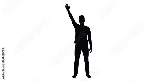 Silhouette of a person raising one hand against a white background