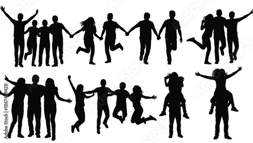 Black silhouettes of happy people jumping and holding hands in pairs and groups on white background for design and decoration with friends