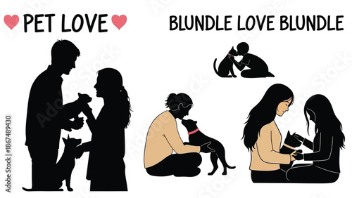 Silhouette illustrations of people showing love and affection to their pets in various tender moments with pet love and caring and scenarios