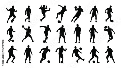 Silhouettes of people in dynamic poses resembling soccer or sports action