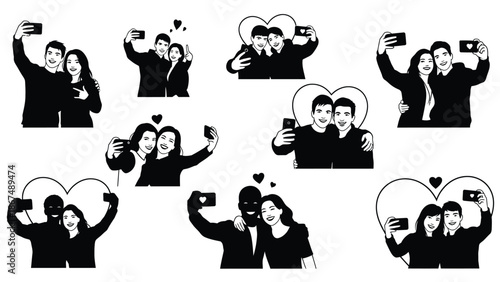 Black and white illustration of couples taking selfies with hearts and smiling faces in various poses with romance and love and relationships