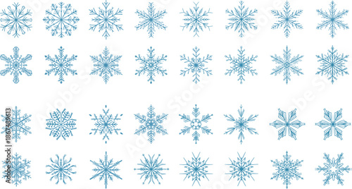 Snowflake icon collection featuring various blue crystal line art vector designs for winter holidays Christmas decor and seasonal weather graphic design elements.