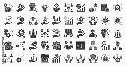 Business Opportunities icon set collection solid style. Containing product development, innovation, investment, partnership, sustainability, market research, strategy and growth icon.