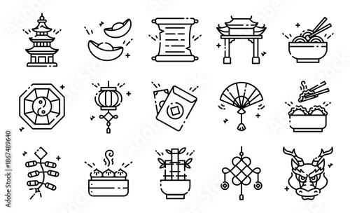 Chinese New Year Line Icon Set. Traditional Lunar New Year Culture and Celebration Elements Vector