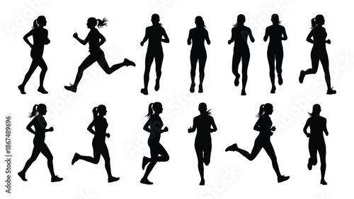 Silhouettes of runners in various poses depict motion and athletic activity