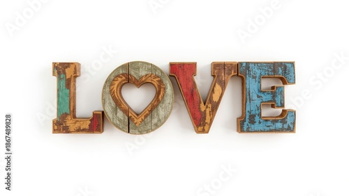 Wallpaper Mural Colorful wooden letters spelling "LOVE" with a heart shape in place of the O. Vintage and rustic style, positive and affectionate message. Torontodigital.ca