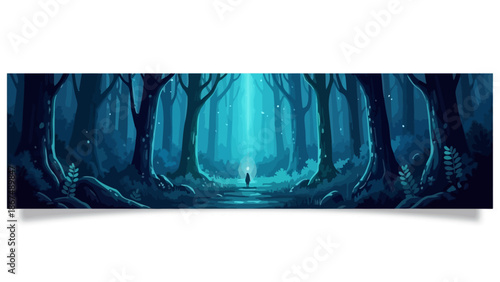 Panoramic view of a person walking through a mystical forest with glowing trees and eerie atmosphere