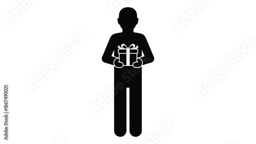 A simple black silhouette of a person holding two gift boxes