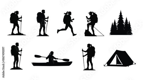 Silhouettes of hikers kayakers and campers enjoying outdoor activities in nature