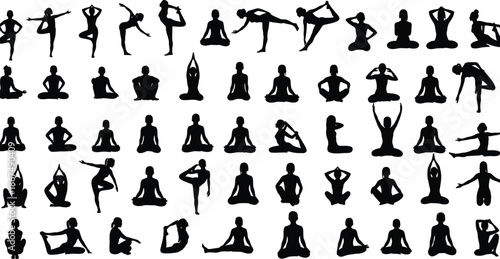 Collection of various yoga poses in black silhouette