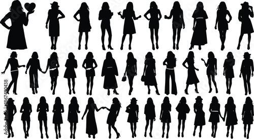 Collection of diverse female silhouettes in various poses and attire
