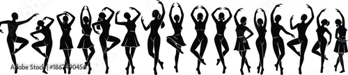Silhouette of multiple dancers in various ballet poses