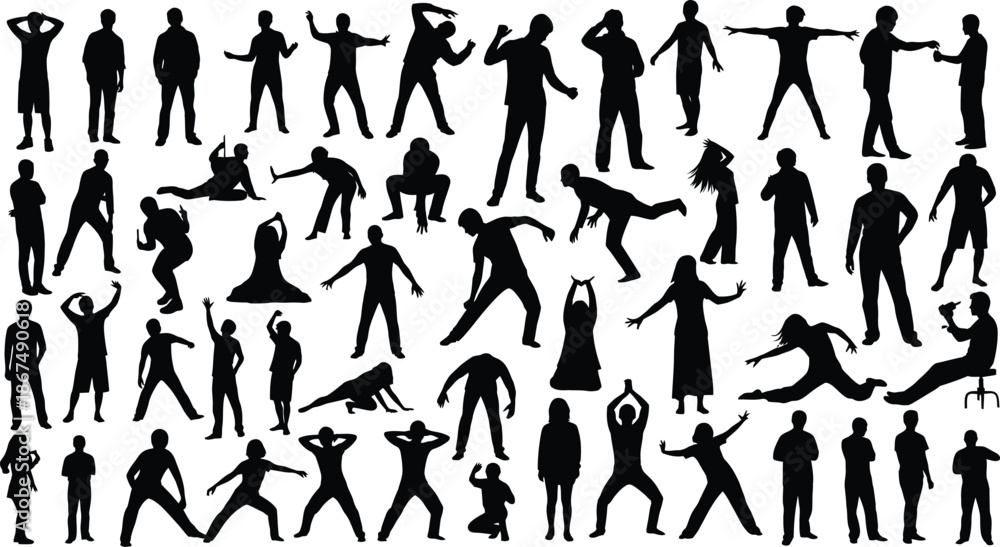 Fototapeta premium Collection of diverse human silhouettes in various poses and actions