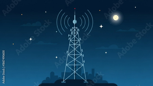 A tall metal communication tower stands on a hill under a starry night sky with a full moon emitting signal