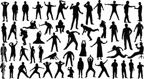 Collection of diverse human silhouettes in various poses and actions
