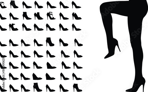 High heel shoe silhouettes and leg illustration
