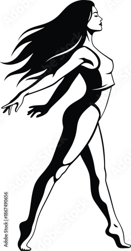 A woman in a black bodysuit walking with long flowing hair