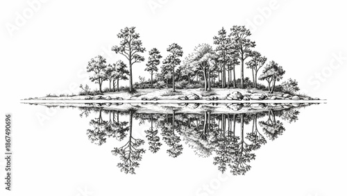Serene landscape with trees and lake, captured in a reflective illustration