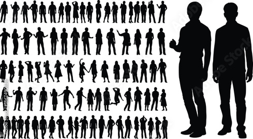 Collection of human silhouettes in various poses and two large silhouettes