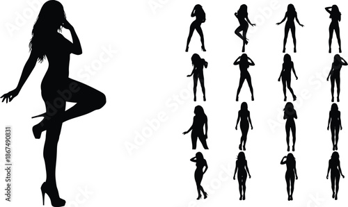 Silhouette of a woman in various poses and high heels